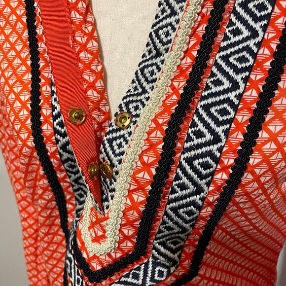 Tory Burch Women’s Tunic Top Cotton Classic Modern Size 6 Orange White Navy - Picture 5 of 12